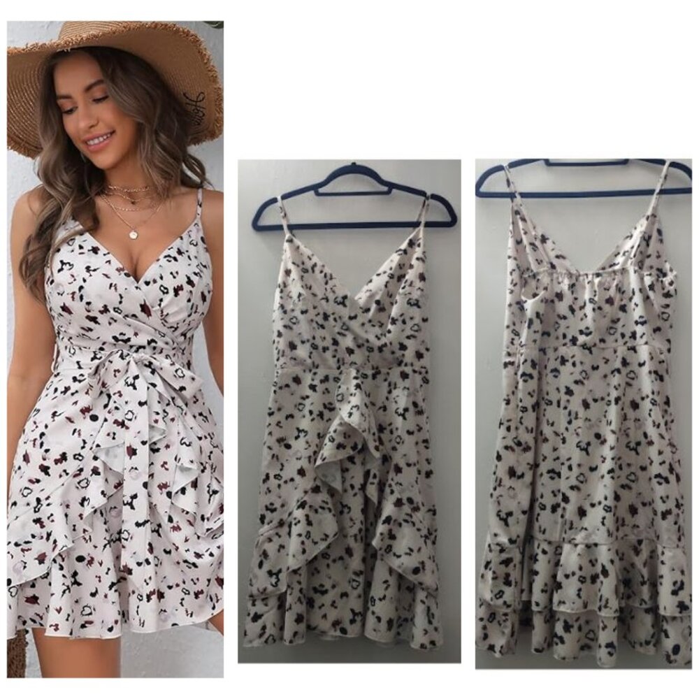 Verdusa Women's Floral Print Ruffle Trim Cap Sleeve Tie Back A Line Mini Dress